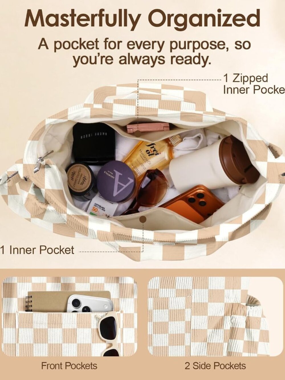 Corduroy Crossbody Tote Bag for Women | Large Capacity, Zipper Closure, Multi-Po - Picture 5 of 6